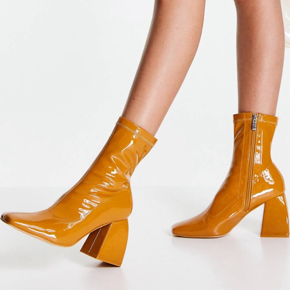 Public Desire Supreme Square Toe Sock Boot- PATENT CAMEL Size 9 •NEW•